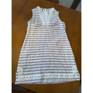Eliza Beige White Striped Sleeveless Mini‎ Dress with Lace Trim